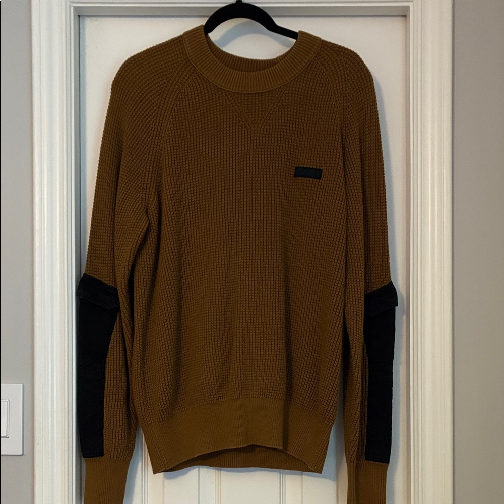 Men’s Hugo Brown (cognac)knit sweater with black sleeve accents.